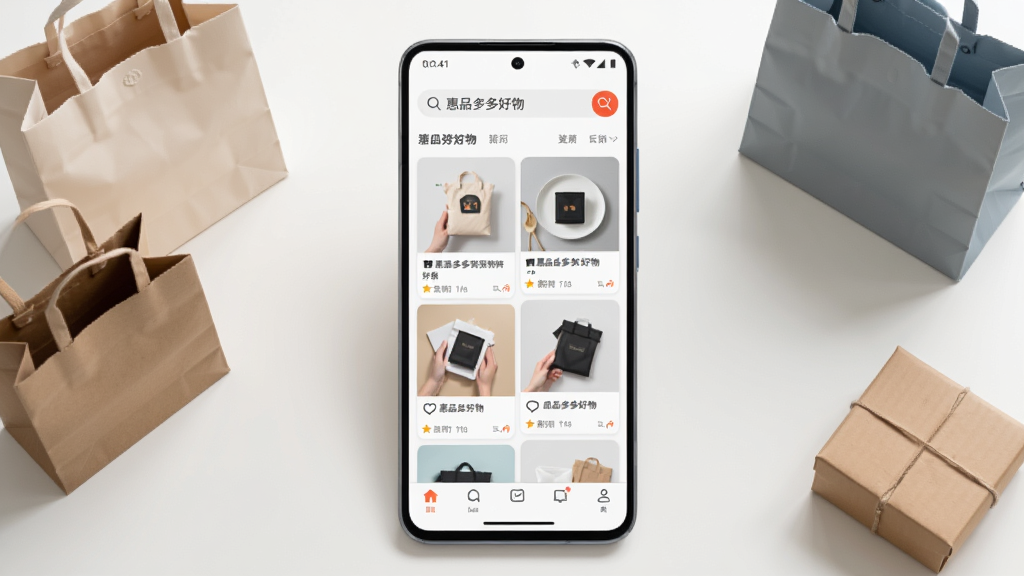 画面主体是一部安卓手机,屏幕中显示“惠品多多好物”应用首页,页面布局包含顶部搜索栏、中部商品卡片瀑布流、底部导航栏,背景为浅色干净桌面,手机周围摆放几个简约购物袋和小纸盒作为点缀,整体风格清新现代,细节清晰,画质干净,无多余元素