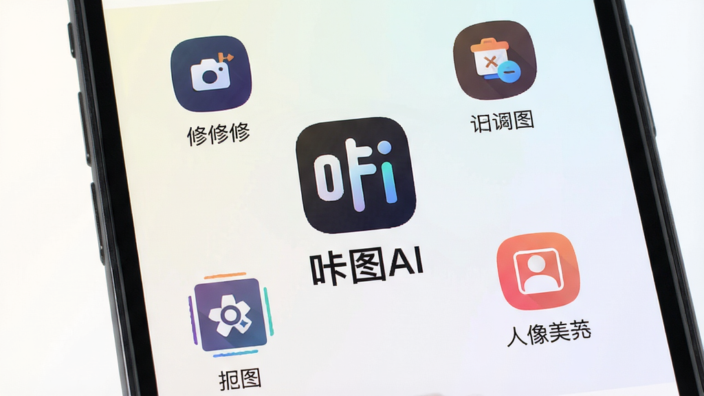 一张手机屏幕展示咔图AI应用主界面,画面中央是软件logo与名称“咔图AI”,周围环绕着修图、调色、抠图、人像美化四个功能图标,背景为浅色渐变,布局简洁居中,风格为现代扁平化UI设计,细节清晰,画质干净,无多余元素