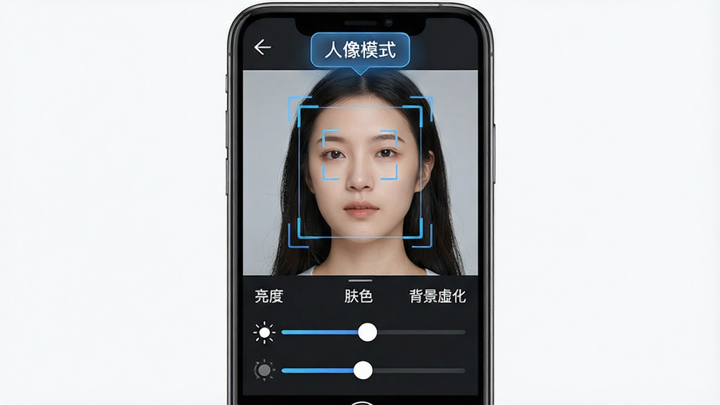一张展示咔图AI智能场景识别功能的示意图,画面中手机屏幕显示一张人像照片,屏幕上方浮现“人像模式”标签,下方有亮度、肤色、背景虚化三个自动调节滑块,布局为上下结构,风格为科技感UI界面,细节包括识别框与参数条,画质干净,无多余元素