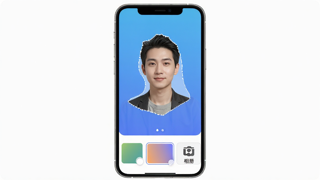 一张展示咔图AI智能抠图与换背景功能的示意图,画面中手机屏幕显示一张人物照片被抠出后放在蓝色渐变背景上,屏幕下方有纯色、渐变、相册三个背景选项按钮,布局为上下结构,风格为简洁工具类UI设计,细节包括抠图边缘与背景切换按钮,画质干净,无多余元素