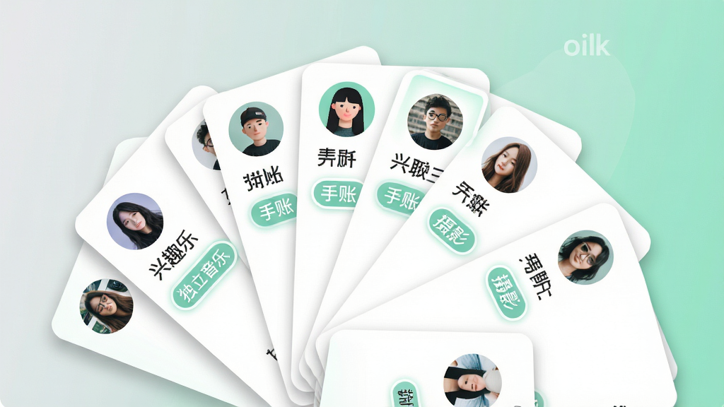 oiki社交软件兴趣匹配界面预览图,画面中多张用户卡片以扇形展开,每张卡片显示头像、昵称和兴趣标签,例如“独立音乐”“手账”“摄影”,背景是浅灰色与薄荷绿渐变,风格简约清爽,细节有轻微的卡片阴影和选中高亮效果,画质高清,干净,无多余元素