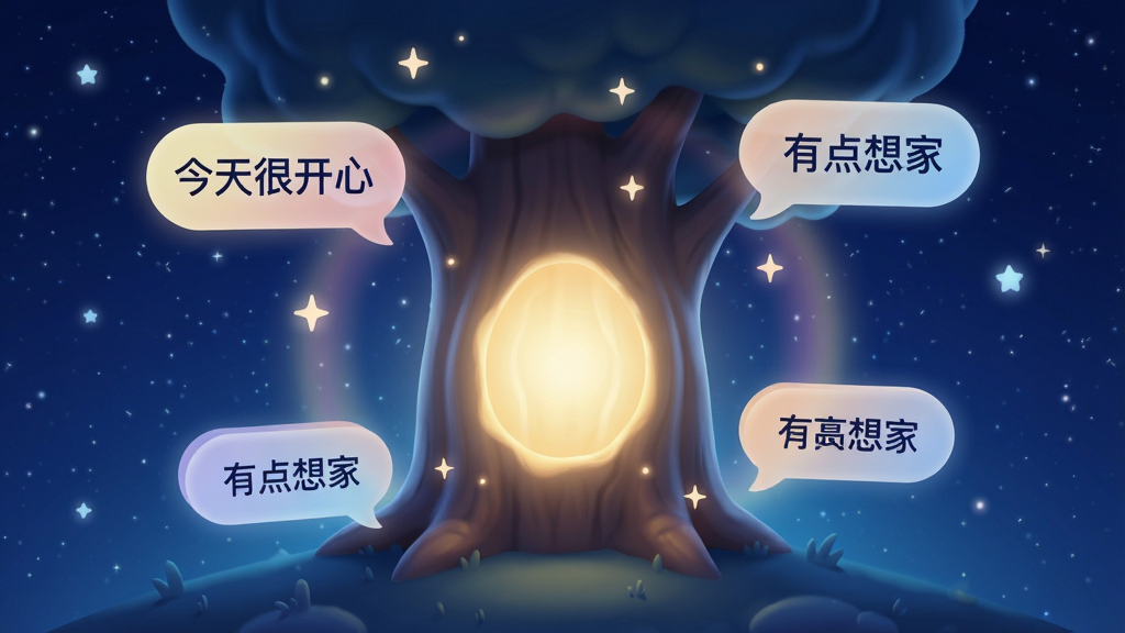 一张表现oiki社交软件匿名树洞功能的场景图,画面主体是一个发光的树洞造型,周围飘浮着带有文字的气泡,气泡上写着“今天很开心”“有点想家”,背景是深蓝色星空,风格梦幻治愈,细节有柔和的星光和渐变光晕,画质高清,干净,无多余元素