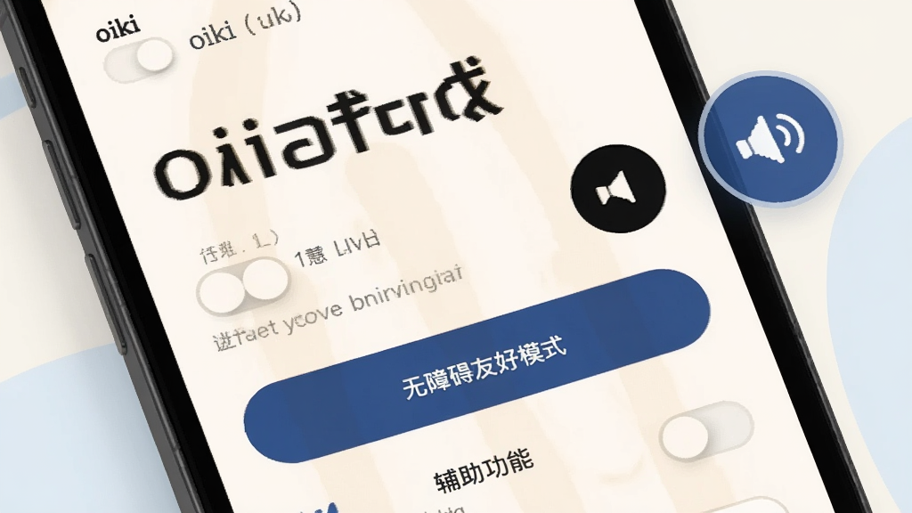 一张体现oiki社交软件无障碍友好模式的界面图,画面中手机屏幕显示大字体和高对比度按钮,旁边有语音播报图标,背景是柔和的米白色与浅蓝色,风格温馨专业,细节包括辅助功能开关和提示文字,画质高清,干净,无多余元素