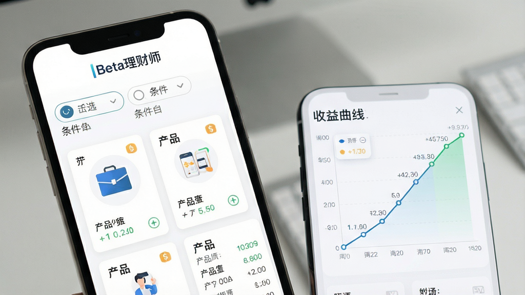 一幅展示手机屏幕中产品对比列表与收益曲线图的画面,界面顶部有