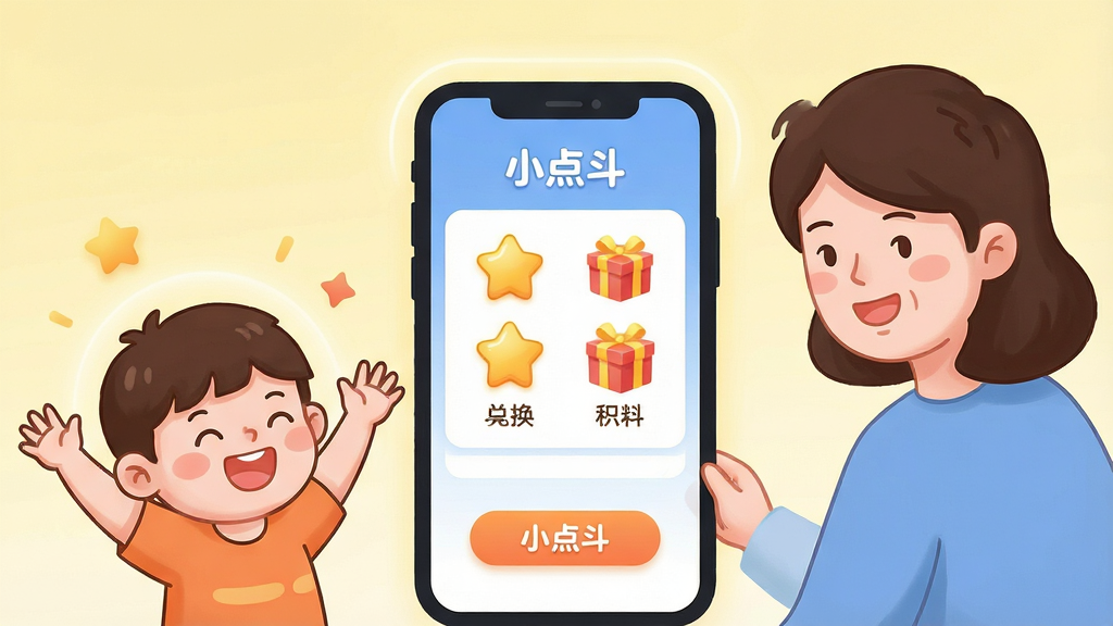 һ�����֡�С�㶷��Ӧ�ü�����ϵ�Ĳ廭�������������ֻ���Ļ��ʾ���ֶһ�ҳ�棬��Ļ��������ͼ��ͽ�Ʒ��У��ֻ��Ա���һ�����ӿ��ĵؾ���˫�֣���һλ�ҳ�����΢Ц�����ֻ������ֲ������ҶԳƣ������ǵ���ɫ���䣬���ͨ��ܰ��ϸ�ڰ���Բ���ͼ�ꡢ��͵Ĺ��κͼ������ֱ�ǩ��С�㶷���������������ɾ����޶���Ԫ��