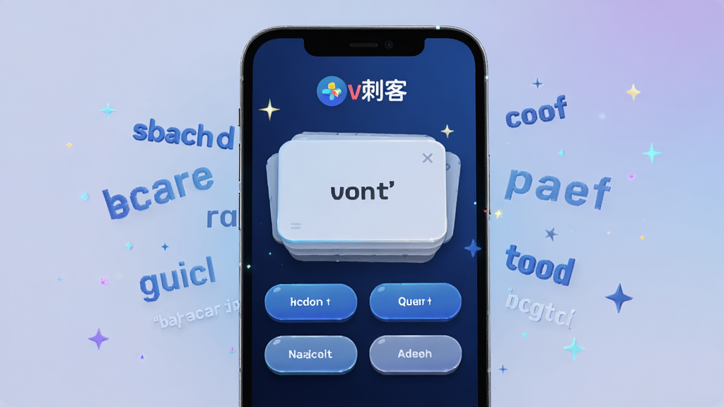 单词刺客软件主界面预览图,画面中央是手机屏幕,屏幕内显示单词刺客APP的首页,上方有单词刺客文字标识,中间是单词卡片和四个选项按钮,背景为深蓝色科技感风格,周围漂浮着英文单词和星星粒子,布局简洁清晰,排版居中,风格为3D渲染科技风,细节包括按钮高光、卡片阴影、柔和渐变背景,画质为高清1080P,干净无多余元素
