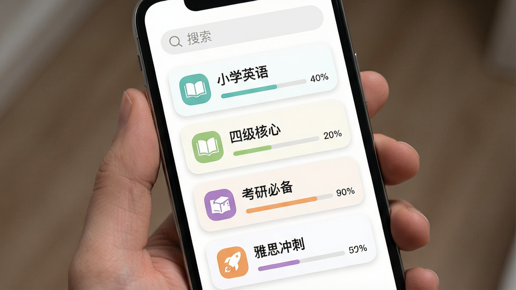 单词刺客词库选择界面,画面为手机屏幕显示单词刺客的词库列表,包含“小学英语”“四级核心”“考研必备”“雅思冲刺”等分类卡片,每个卡片有对应图标和进度百分比,背景为白色简洁风格,顶部有搜索框,风格为清新扁平化设计,细节包括卡片圆角、色彩柔和、文字层级分明,画质高清,干净无多余元素