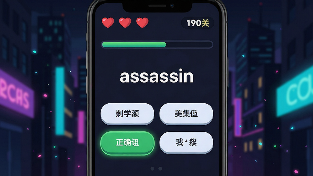 单词刺客游戏化闯关界面,画面主体是手机屏幕显示单词刺客的答题界面,屏幕中央是一个英文单词“assassin”,下方有四个中文选项按钮,其中一个是正确选项带有绿色高亮,屏幕上方有生命值爱心图标和得分数字,背景是暗色都市夜景风格,有霓虹灯光效和轻微粒子飘散,风格为扁平插画风,细节包括按钮圆角、文字清晰、进度条显示,画质高清,干净无多余元素
