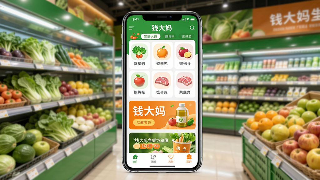 钱大妈APP手机界面展示,画面中央是一部智能手机,屏幕显示钱大妈生鲜购物首页,包含蔬菜水果肉禽等商品分类图标和促销横幅,背景为干净整洁的社区生鲜超市货架,货架上摆放新鲜蔬菜和水果,整体风格清新明亮,色彩以绿色和橙色为主,画面干净整洁,无多余元素,高清画质