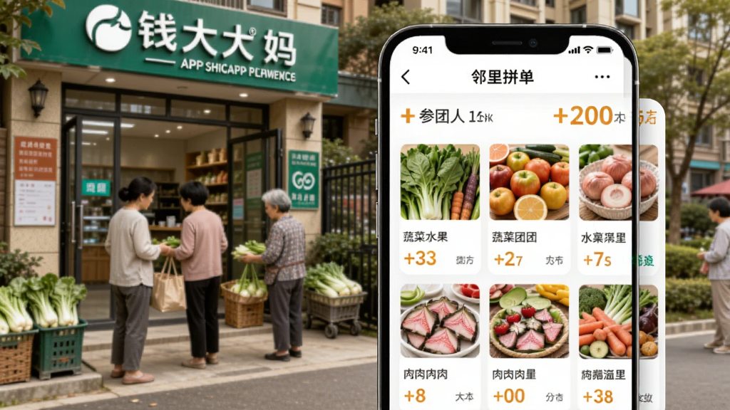 钱大妈APP社区团购界面,手机屏幕显示邻里拼单页面,包含蔬菜水果肉类的团购商品列表和参团人数,背景为小区门口和钱大妈门店,居民正在取菜,整体氛围温馨和谐,高清画质,干净整洁