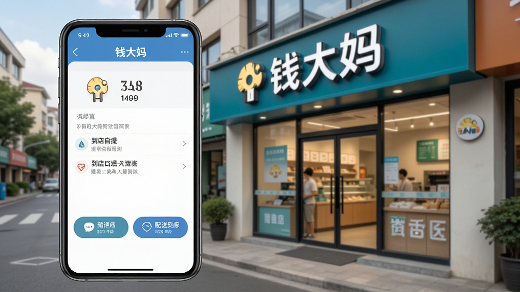 钱大妈APP订单结算界面,手机屏幕显示到店自提和配送到家两个选项按钮,背景为社区街道和钱大妈门店外观,门店招牌清晰可见,整体风格简洁现代,画面干净,高清画质