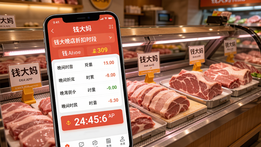 钱大妈APP折扣时段界面,手机屏幕显示钱大妈门店晚间折扣时间表和倒计时,背景为钱大妈门店内肉类柜台,柜台上摆放新鲜猪肉和牛肉,标签清晰可见,整体色调温暖,社区超市氛围,高清画质,干净整洁
