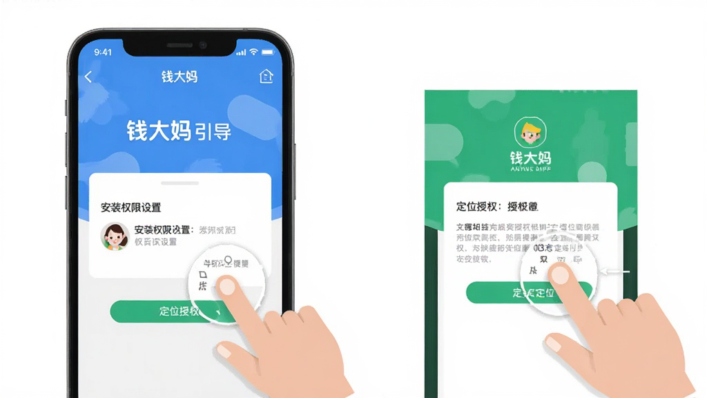 钱大妈APP移动端操作引导图,手机屏幕显示安装权限设置和定位授权界面,旁边有手指点击操作的示意图,背景为简洁的手机设置界面,风格扁平化,色彩清晰,高清画质,干净无多余元素
