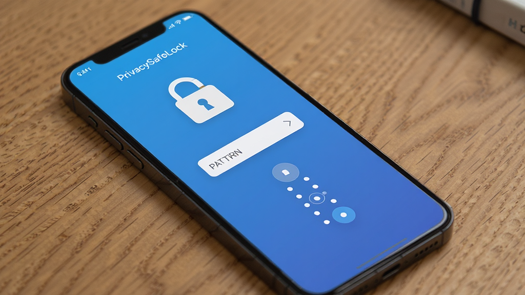 PrivacySafeLock app interface showing a password entry screen with a lock icon and a pattern lock option, smartphone mockup, clean UI design, blue gradient background, security theme, high quality, clean, no extra elements