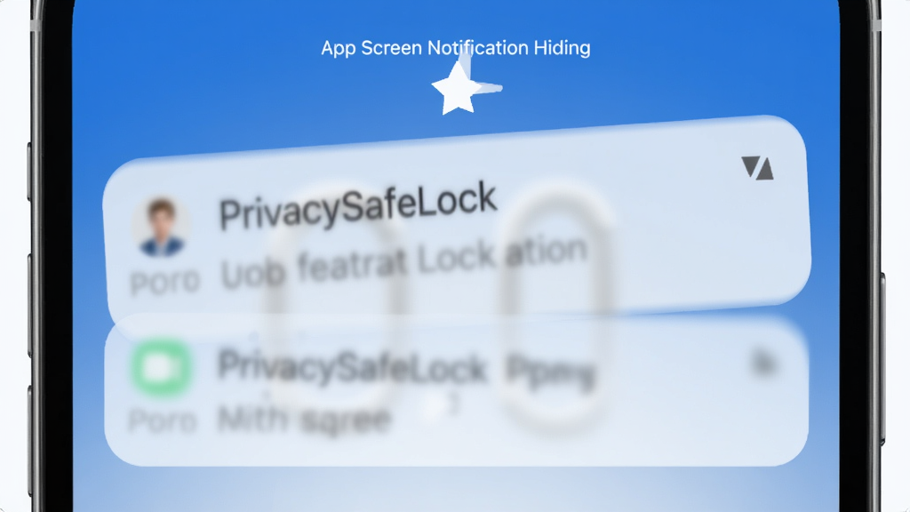 PrivacySafeLock app lock screen notification hiding feature, showing a phone lock screen with blurred notification content, smartphone mockup, clean minimal UI, blue and white color scheme, high definition, clean, no extra elements