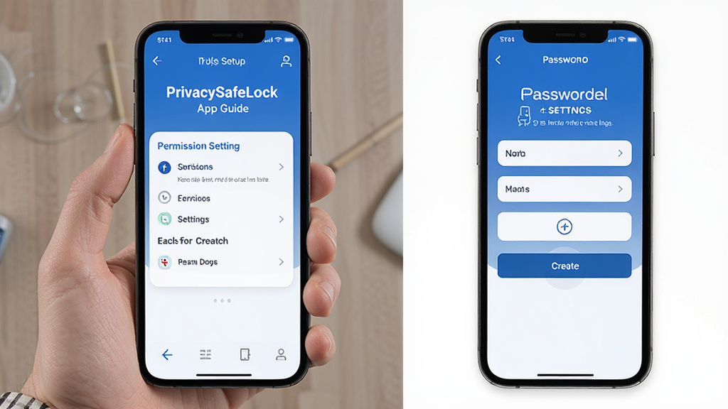 PrivacySafeLock app setup guide screen showing step by step instructions on a smartphone, with permission settings and password creation interface, clean UI design, blue and white color scheme, instructional concept, high definition, clean, no extra elements