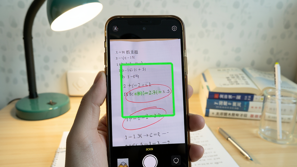 上岸错题本拍照录题功能展示,画面中一只手拿着手机对着试卷上的错题拍照,手机屏幕显示识别成功的绿色提示框,试卷上有一道被红笔圈出的数学题;背景是书桌场景,有台灯和参考书;风格写实,色彩明亮,画质清晰,干净利落,无多余元素