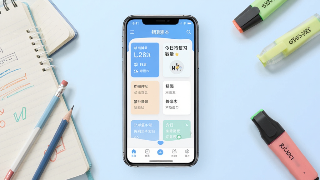 上岸错题本软件主界面展示,画面中央是一部智能手机,屏幕上显示错题本应用首页,包含科目分类卡片、今日待复习数量提醒、底部导航栏;手机周围环绕着笔记本、铅笔、荧光笔等学习文具;背景为淡蓝色渐变,风格清新简约,画质清晰,干净整洁,无多余元素