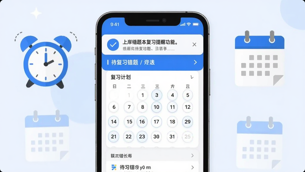 上岸错题本复习提醒功能界面,手机屏幕显示复习计划日历和待复习错题列表,顶部有推送通知横幅提醒;画面以手机为主体,周围有闹钟和日历图标元素;风格扁平化设计,配色以蓝白为主,画质清晰,干净整洁,无多余元素