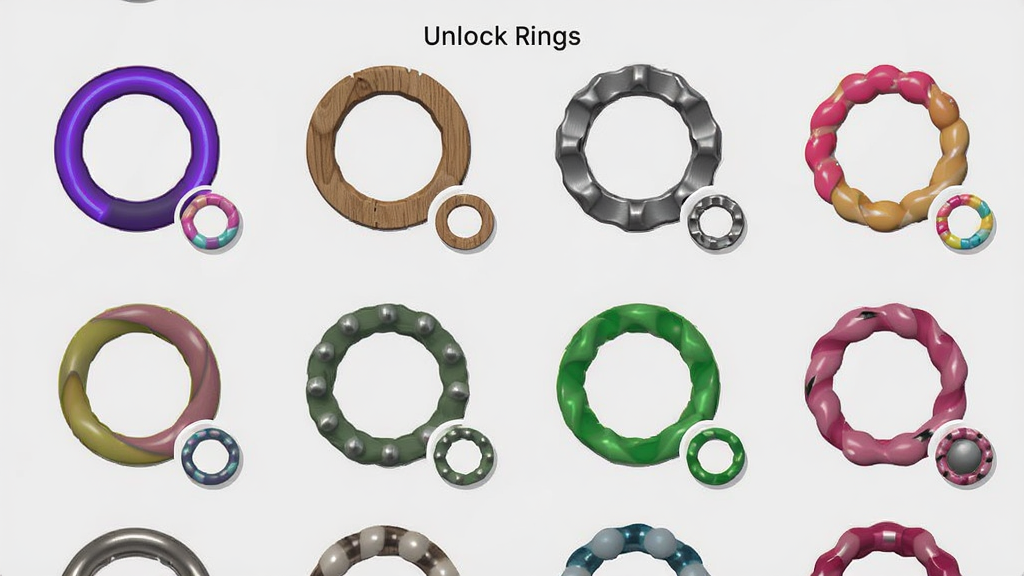 Unlock Rings ����ѡ����棬����չʾ�����ͬ��ɫ�Ͳ��ʵ�Բ��ͼ�������������У������޺硢ľ�ʡ��������ǹ�ɫ�ȷ�񣬱���Ϊǳ��ɫ���������룬���Ϊ�ִ���ƽ����ϸ�ڰ���ÿ�������Ԥ��СԲ���������������ɾ����޶���Ԫ��
