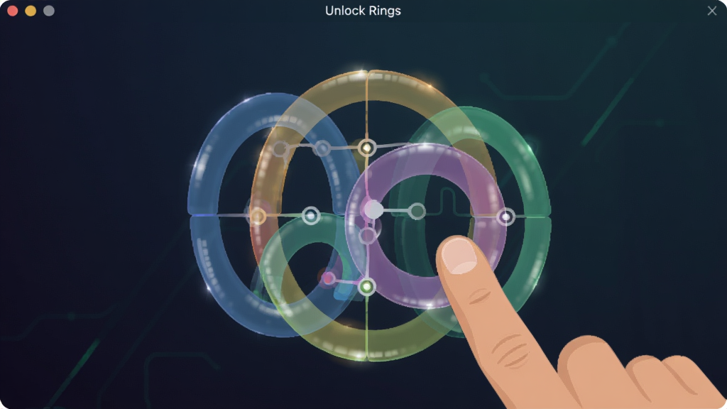 Unlock Rings ���������棬�����������ɶ����ɫ��͸��Բ����ɵ�ƴͼ����ָ�����϶�����һ��Բ������������ɫ�����ֽ�����ּ�࣬���Ϊ��ƽ���Ƽ��У�ϸ�ڰ���Բ����Ե�ĸ߹������ӵ㣬�����������ɾ����޶���Ԫ��