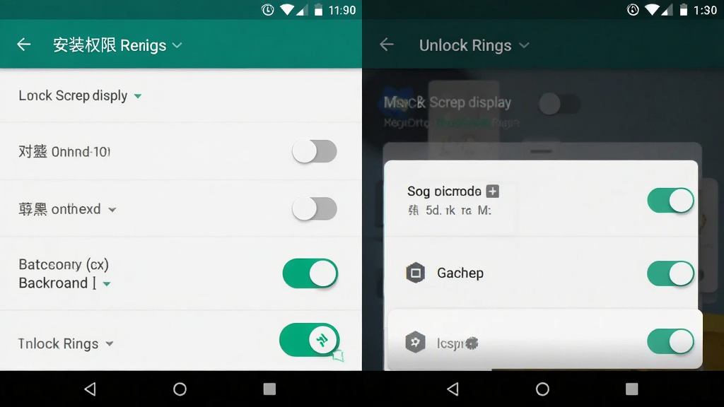 Unlock Rings ��װȨ�����ý����ͼ������չʾ�ֻ����ò˵��й���������ʾ�ͺ�̨���������Ȩ�޿��أ�����Ϊ��׿ԭ����񣬲���������ϸ�ڰ���������ʾ�Ŀ�����ť�������������ɾ����޶���Ԫ��