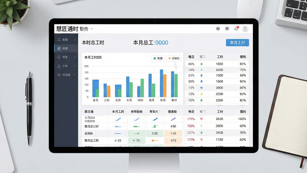 画面主体为慧匠通时软件内的工时统计报表页面,页面以柱状图与列表形式展示每日工时数据,屏幕上方有“本月总工时”字样;背景为简约的浅灰色办公桌面,旁边放有一支笔和一本翻开的笔记本;风格为扁平化UI展示风格,布局采用居中构图,细节上强调图表颜色的区分度与数字的清晰度,画质为高清2K,画面干净无多余元素