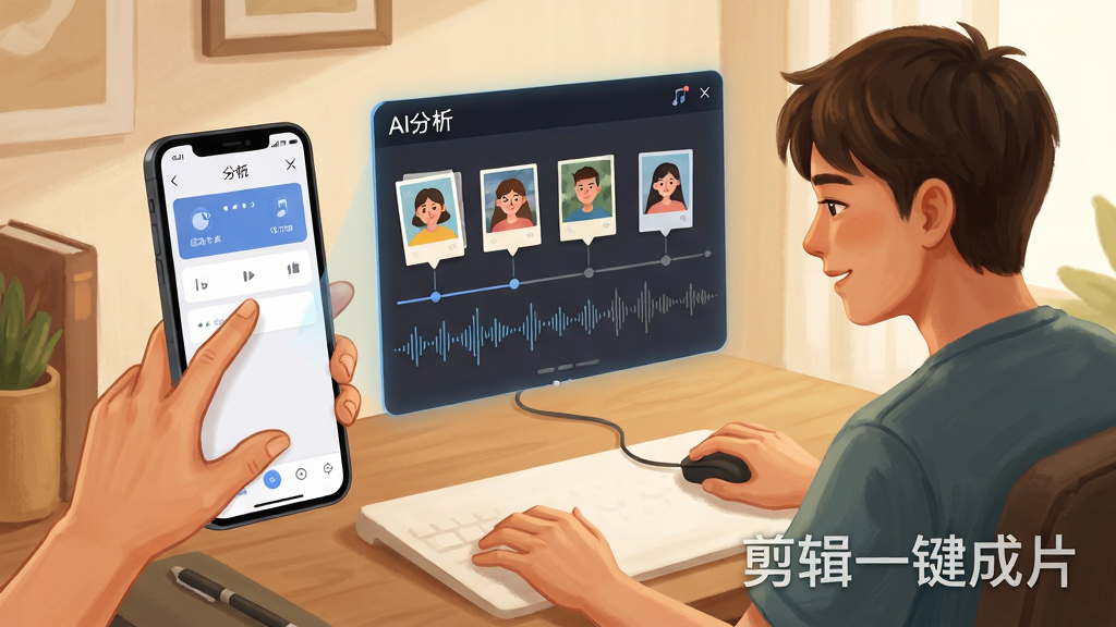 画面展示一位年轻创作者坐在书桌前,手机屏幕投射出悬浮的AI分析界面,画面中照片自动排列到时间轴上并伴随音乐波形,软件名称“剪辑一键成片”以半透明水印形式出现在画面右下角,布局为左右分栏,左侧是操作手势,右侧是生成效果预览,风格为温暖写实的数字插画,细节强调自动卡点与智能识别,画质高清、干净、无多余元素