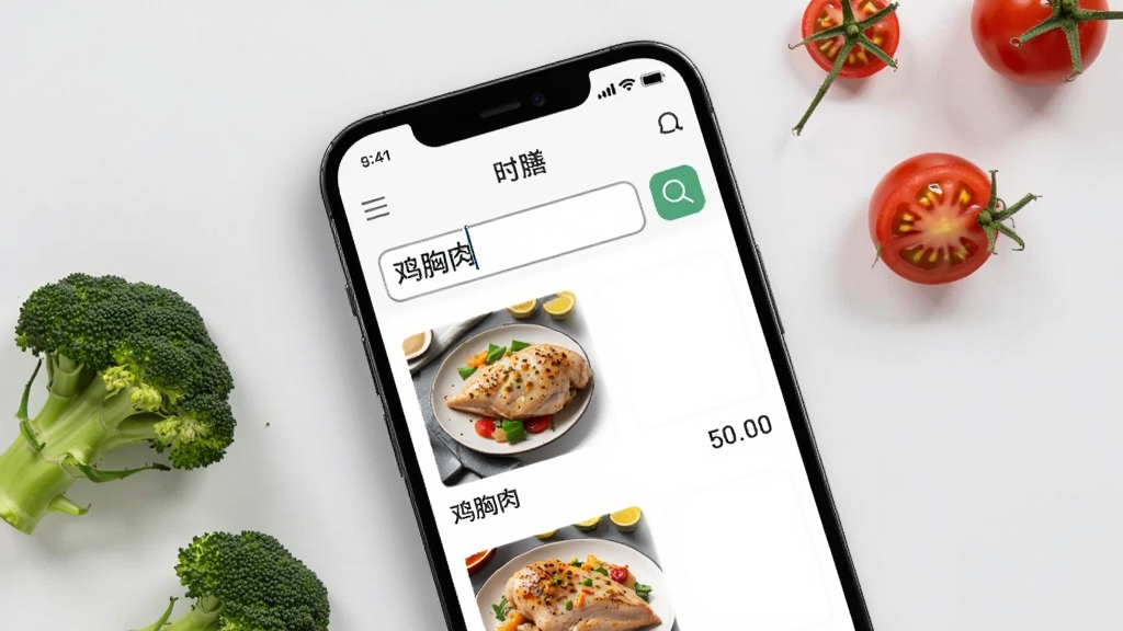 �ֻ���Ļչʾ��ʱ�š�APP��ʳ������ҳ�棬�����������롰�����⡱���·��б���ʾ���ּ������Ʒ����������ֵ����Ļ�Ҳ���һ���Ŵ�ͼ�꣬����Ϊ����ɫ���ֻ���ɢ���ż�����������ʥŮ�������������ִ������ʸ��壬����ɾ��޶���Ԫ��