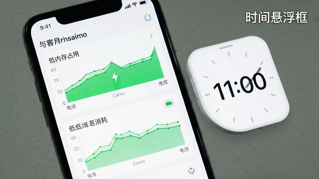 一张展示手机电池续航与性能监控界面的图片,界面上显示低内存占用和低电量消耗的绿色图表,旁边悬浮着一个简洁的白色时钟窗口显示“11:00”,整体风格清爽简洁,数据可视化清晰,画质高清,干净无多余元素,画面中带有“时间悬浮框”文字