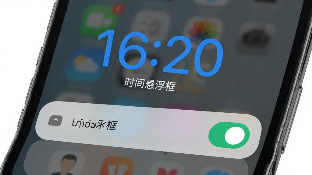 一张手机下拉通知栏的图片,通知栏中有一个“时间悬浮框”的快捷开关按钮,按钮处于开启状态,屏幕上方悬浮着一个蓝色数字时钟显示“16:20”,整体风格现代简洁,界面布局清晰,画质高清,干净无多余元素,画面中带有“时间悬浮框”文字