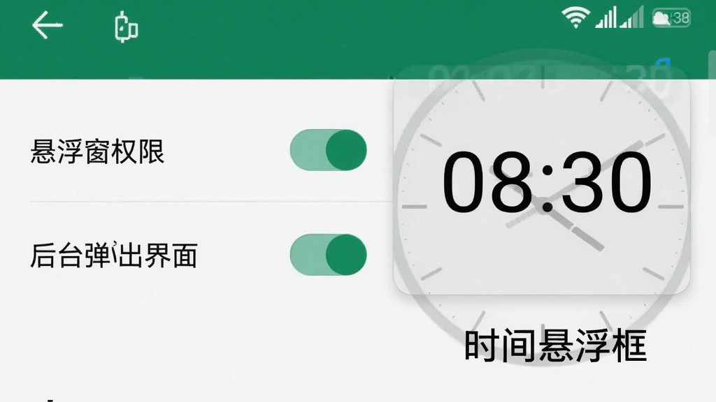 一张安卓手机设置界面的图片,界面中显示“悬浮窗权限”和“后台弹出界面”两个权限开关均处于开启状态,旁边有一个半透明的时钟悬浮框显示“08:30”,整体风格清晰直观,操作指引明确,画质高清,干净无多余元素,画面中带有“时间悬浮框”文字