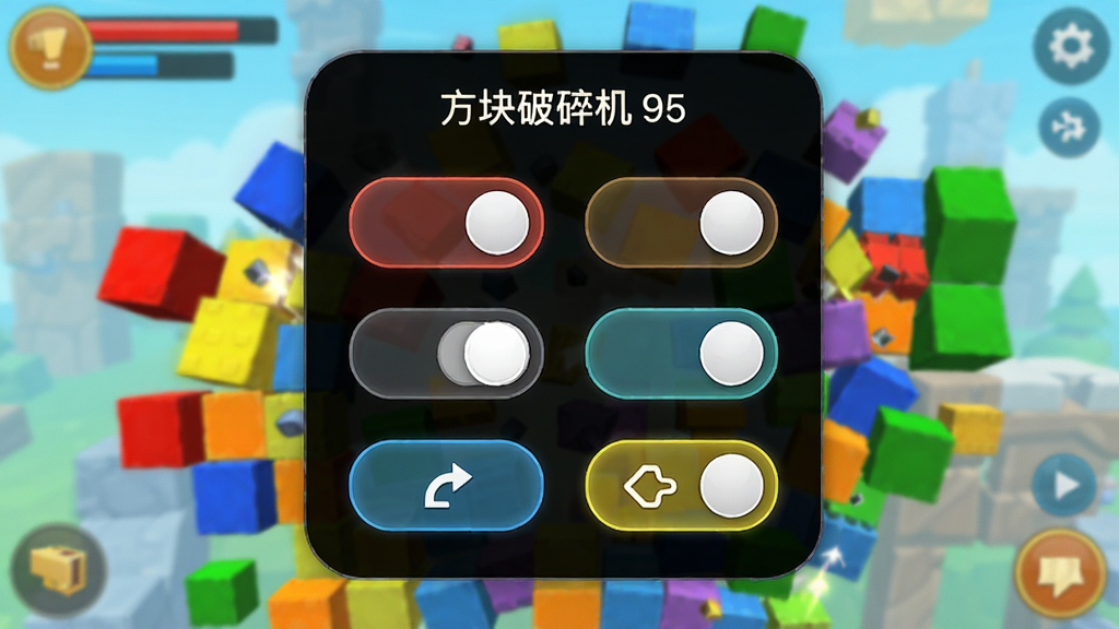 一款名为方块破碎机(辅助菜单)的手机辅助工具悬浮在游戏画面上方,主体为半透明黑色方形面板,面板上排列着多个功能开关按钮,背景是色彩鲜艳的方块破碎游戏界面,方块呈现红黄蓝绿多种颜色正在被击碎,整体布局为手机竖屏截图风格,排版清晰,风格为科技感UI设计,细节包括悬浮窗的圆角边缘和按钮的高亮状态,画质高清,画面干净,无多余元素