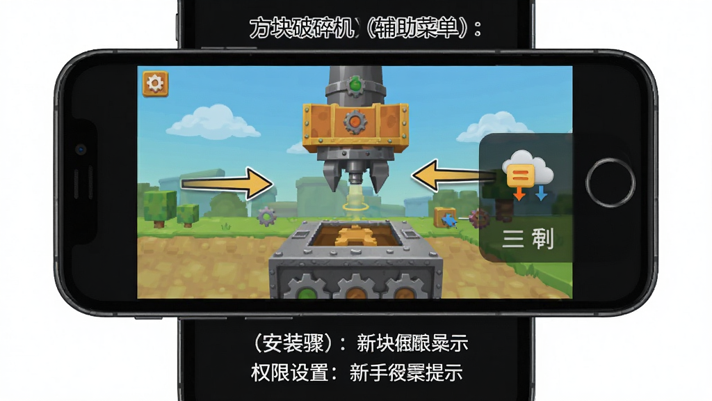 方块破碎机(辅助菜单)新手操作示意图,画面展示一部手机屏幕,屏幕中央是游戏画面,屏幕右侧有一个半隐藏的悬浮菜单图标,屏幕下方有文字标注安装步骤和权限设置提示,主体为手机和操作提示,布局为竖屏教学风格,排版清晰,风格为教程图解,细节包括箭头指示和文字说明框,画质高清,画面干净,无多余元素