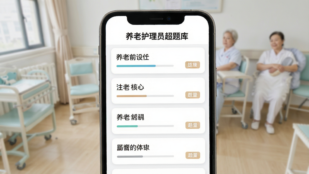 养老护理员超题库章节练习界面展示,画面主体为手机屏幕中的题库列表,屏幕上方显示“养老护理员超题库”文字,布局为纵向章节卡片排列,风格清爽简约,细节包含进度条与题量标签,画质清晰,干净,无多余元素