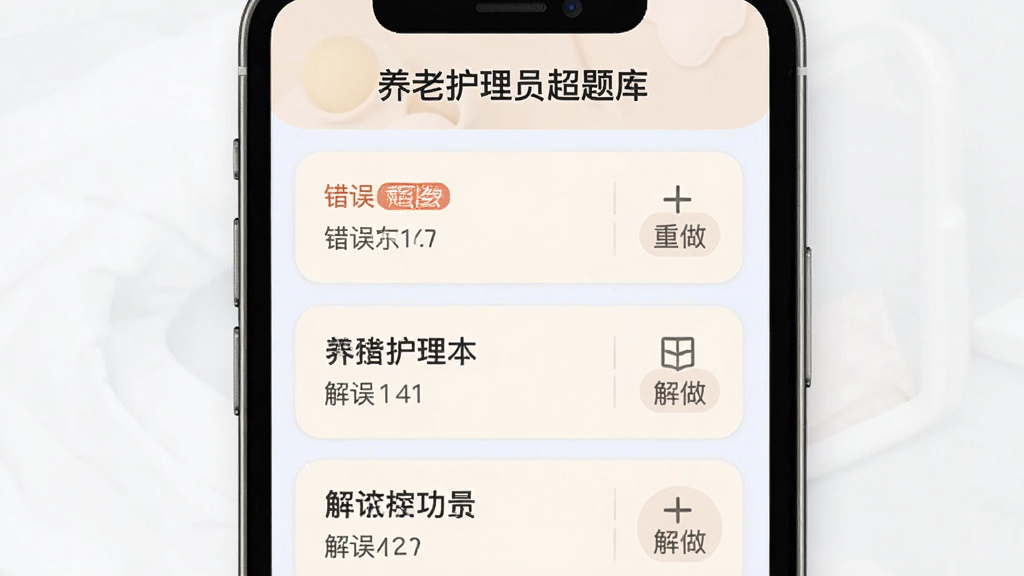 养老护理员超题库错题本功能界面,画面中心为手机屏幕展示错题列表与重做按钮,屏幕上方显示“养老护理员超题库”字样,布局为列表式排列,风格为柔和浅色系,细节包含错误次数标记与解析入口,画质清晰,干净,无多余元素