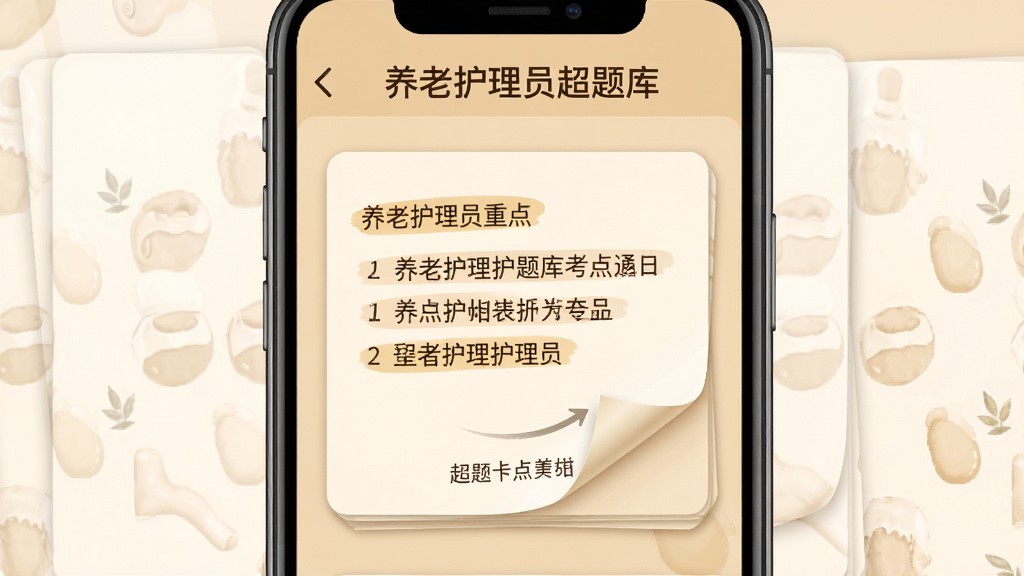 养老护理员超题库考点速记卡片界面,画面展示手机屏幕中的知识点卡片翻页效果,屏幕顶部标注“养老护理员超题库”,布局为卡片居中展示,风格为温暖米黄色调,细节包含重点标记与翻页提示,画质高清,干净,无多余元素