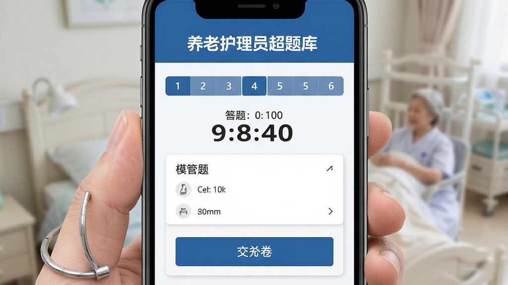 养老护理员超题库模拟考试界面,画面展示手机屏幕中的考试倒计时与答题卡,屏幕顶部标注“养老护理员超题库”,布局为上下结构,风格为考试系统常见的沉稳蓝色调,细节包含题号导航与交卷按钮,画质高清,干净,无多余元素