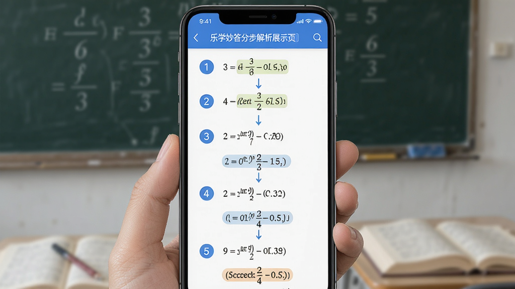 乐学妙答分步解析展示页面,手机屏幕显示一道数学题的详细解题步骤,每一步都有编号与说明文字,布局采用纵向列表结构,风格简洁专业,细节包括公式、箭头指引、高亮重点,画质清晰干净,无多余元素