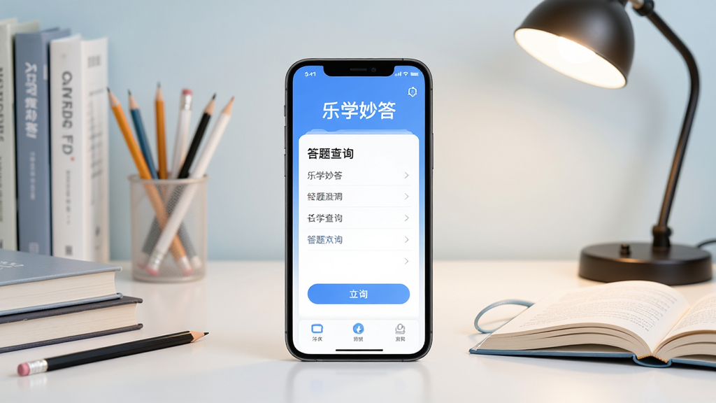乐学妙答学习应用主界面展示,画面中央是一部智能手机,屏幕上显示乐学妙答的答题查询界面,背景是整洁的书桌与学习用品,整体布局居中对称,风格清新简约,细节包括书本、铅笔、台灯,画质清晰干净,无多余元素