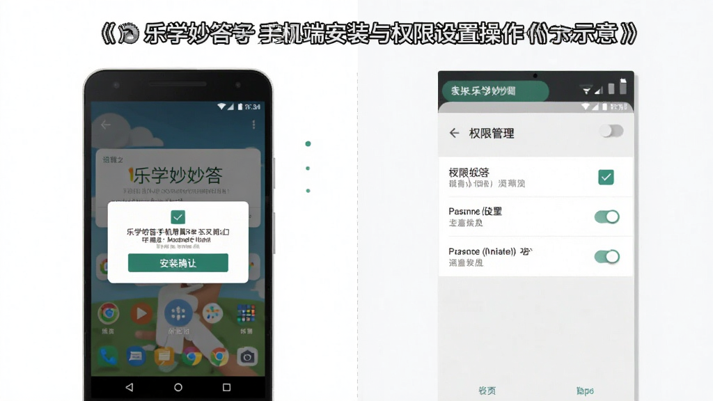 乐学妙答手机端安装与权限设置操作示意,画面展示一部安卓手机与设置界面,布局为左右分栏,左侧手机显示安装确认弹窗,右侧显示权限管理页面,风格扁平化教学图示,细节包括勾选按钮、权限开关、提示文字,画质清晰干净,无多余元素