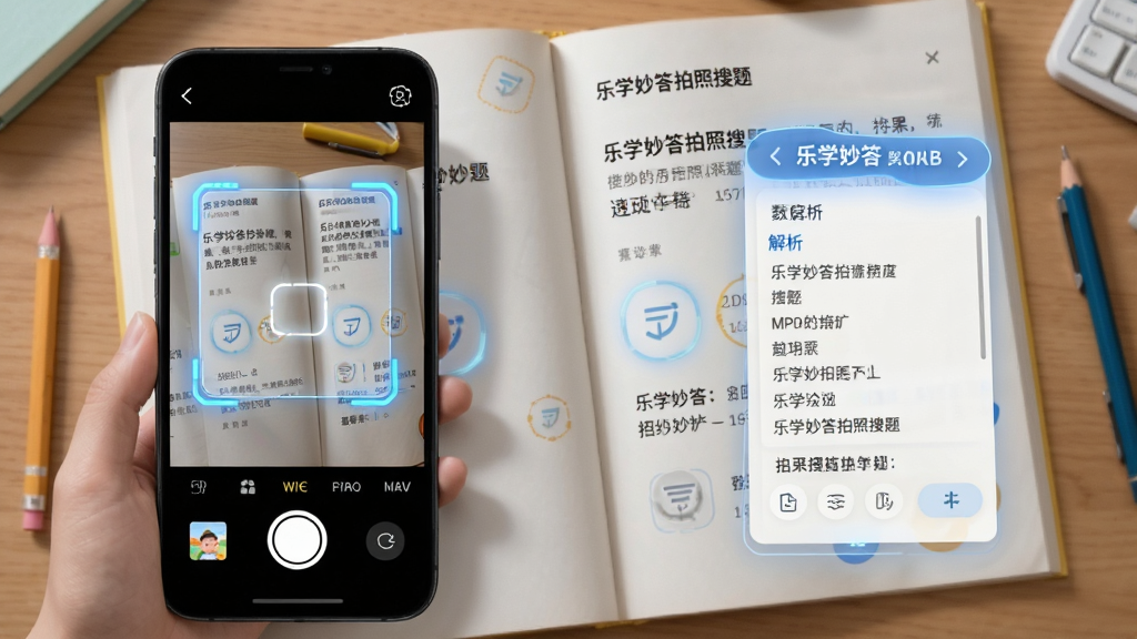 乐学妙答拍照搜题功能界面,手机摄像头对准一本打开的练习册,屏幕上显示识别框与匹配结果,画面采用俯视视角,布局左中右三分,风格科技感与学习氛围结合,细节包括识别光效、题目文字、解析面板,画质高清干净,无多余元素