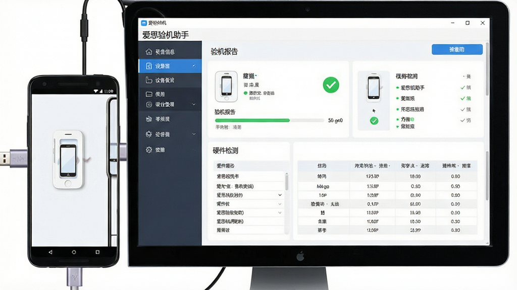 一张展示爱思验机助手软件界面的图片,主体为一部安卓手机通过USB连接电脑,电脑屏幕上显示爱思验机助手软件的主界面,界面中有设备信息、验机报告、硬件检测等模块,布局清晰,排版为左右分栏,左侧为功能导航,右侧为详细数据展示,风格为科技简约风,细节包括手机图标、进度条、绿色对勾标记、数据表格,画质高清,干净,无多余元素,图片中文字内容为“爱思验机助手”