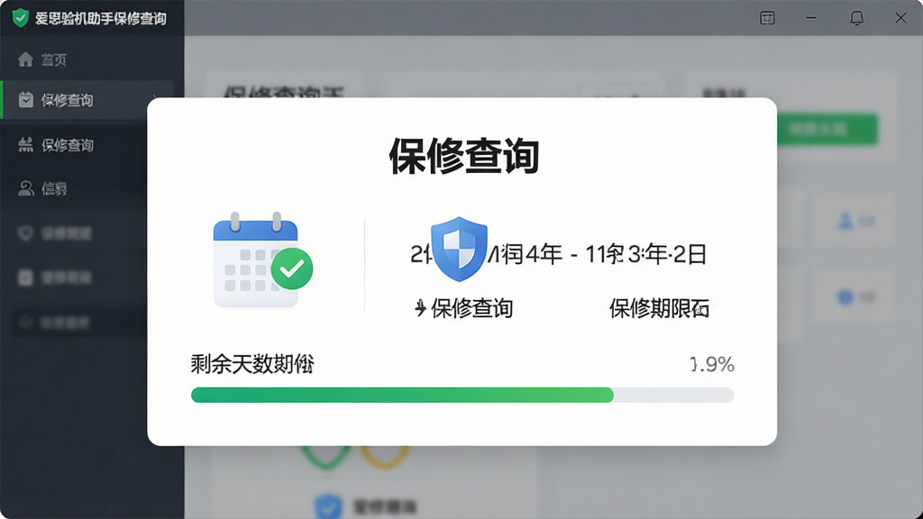 一张展示爱思验机助手保修查询功能的图片,主体为软件界面中的保修信息卡片,卡片上有日历图标、盾牌图标、剩余天数进度条,布局为卡片式居中,排版清晰,风格为清新商务风,细节包括绿色对勾、日期数字、保修期限文字,画质高清,干净,无多余元素,图片中文字内容为“保修查询”