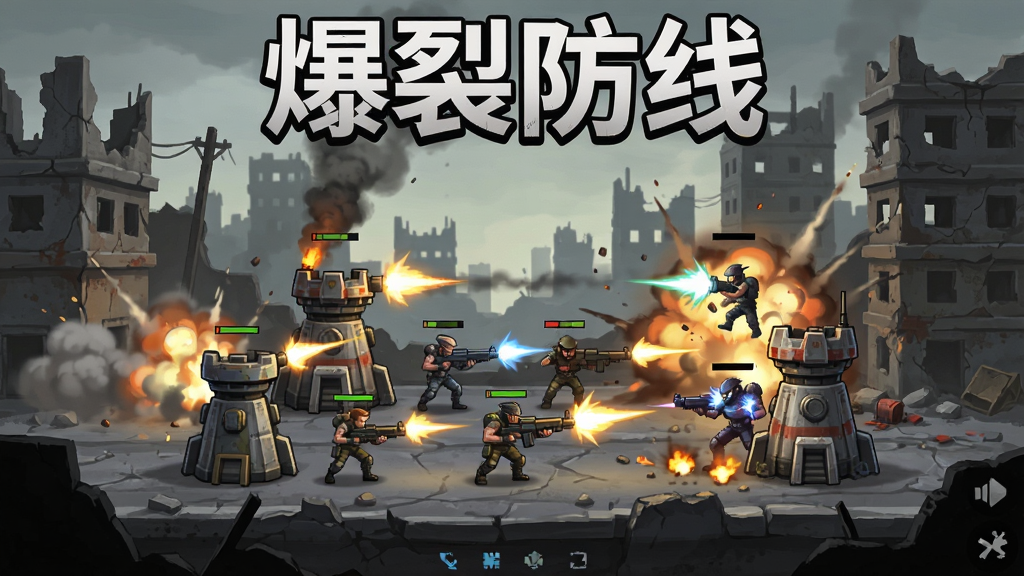 主体是爆裂防线游戏的主界面截图,画面中央是防御塔和角色正在射击敌人的战斗场景,布局采用横版视角,排版上游戏名称“爆裂防线”以粗体字显示在画面顶部,风格为末日废土科幻风,细节包括硝烟、爆炸特效和残破建筑,画质高清,干净,无多余元素