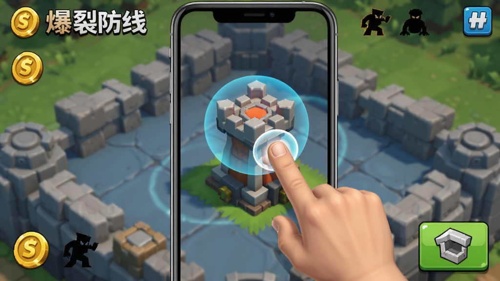 主体是爆裂防线手机游戏的新手引导界面,布局为竖屏手机画面,排版上画面中央有手指点击防御塔的提示动画,风格为卡通写实混合,细节包括金币图标、敌人轮廓和建造按钮,画质高清,干净,无多余元素