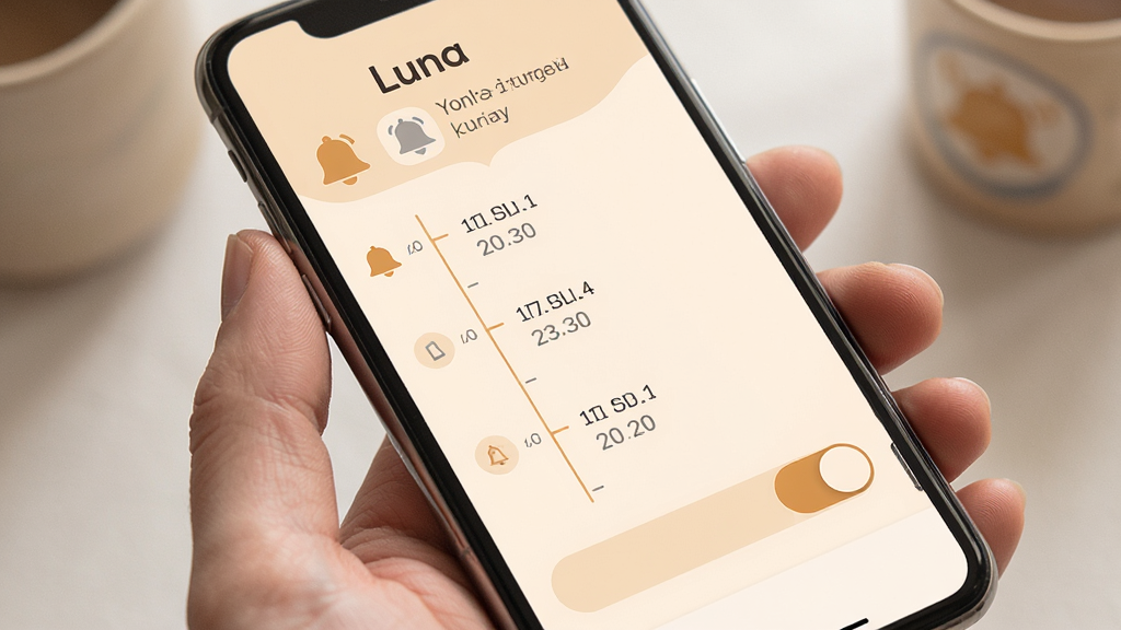 Luna计划个性化提醒设置界面,手机屏幕展示提醒时间轴和开关按钮,背景为柔和米色,风格温馨舒适,细节包括铃铛图标和时间刻度,画质高清,干净,无多余元素