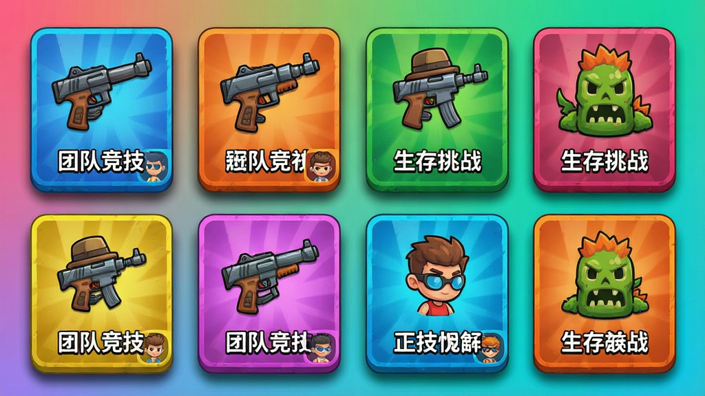 迷你枪战精英游戏模式选择界面,主体为多个彩色模式卡片横向排列,布局为网格状分布,排版上每个卡片展示不同模式图标与名称如“团队竞技”“生存挑战”,风格为活泼卡通UI设计,细节包括卡片阴影、角色小头像、背景渐变,画质高清,干净,无多余元素