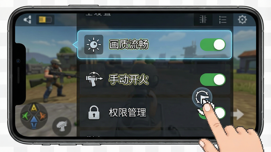迷你枪战精英新手操作界面截图,主体为手机屏幕显示游戏内设置菜单,布局为纵向列表,排版上高亮标注“画质流畅”“手动开火”“权限管理”等选项,风格为清晰教程示意图,细节包括手指点击图标、设置开关状态,画质干净,无多余元素