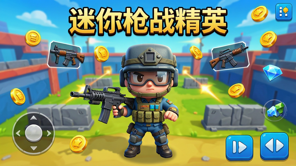 整体画面展示迷你枪战精英游戏主界面,中央是Q版方块风格特种兵角色手持武器站立,背景为色彩鲜艳的射击竞技场地图,周围漂浮着各类枪械图标和金币钻石元素,布局采用中心对称构图,排版上标题文字“迷你枪战精英”置于画面上方醒目位置,风格为明亮卡通3D渲染,细节包括角色装备纹理、地图掩体、UI按钮等清晰可见,画质高清,干净整洁,无多余元素